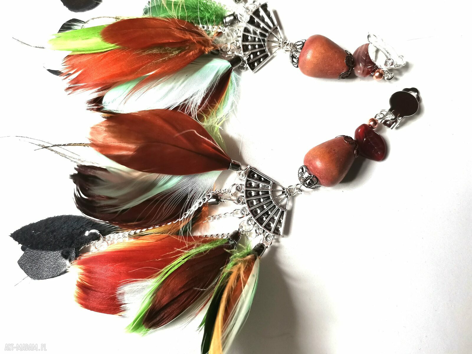 Klipsy hippie długie pióra, drewno i skóra - boho frida