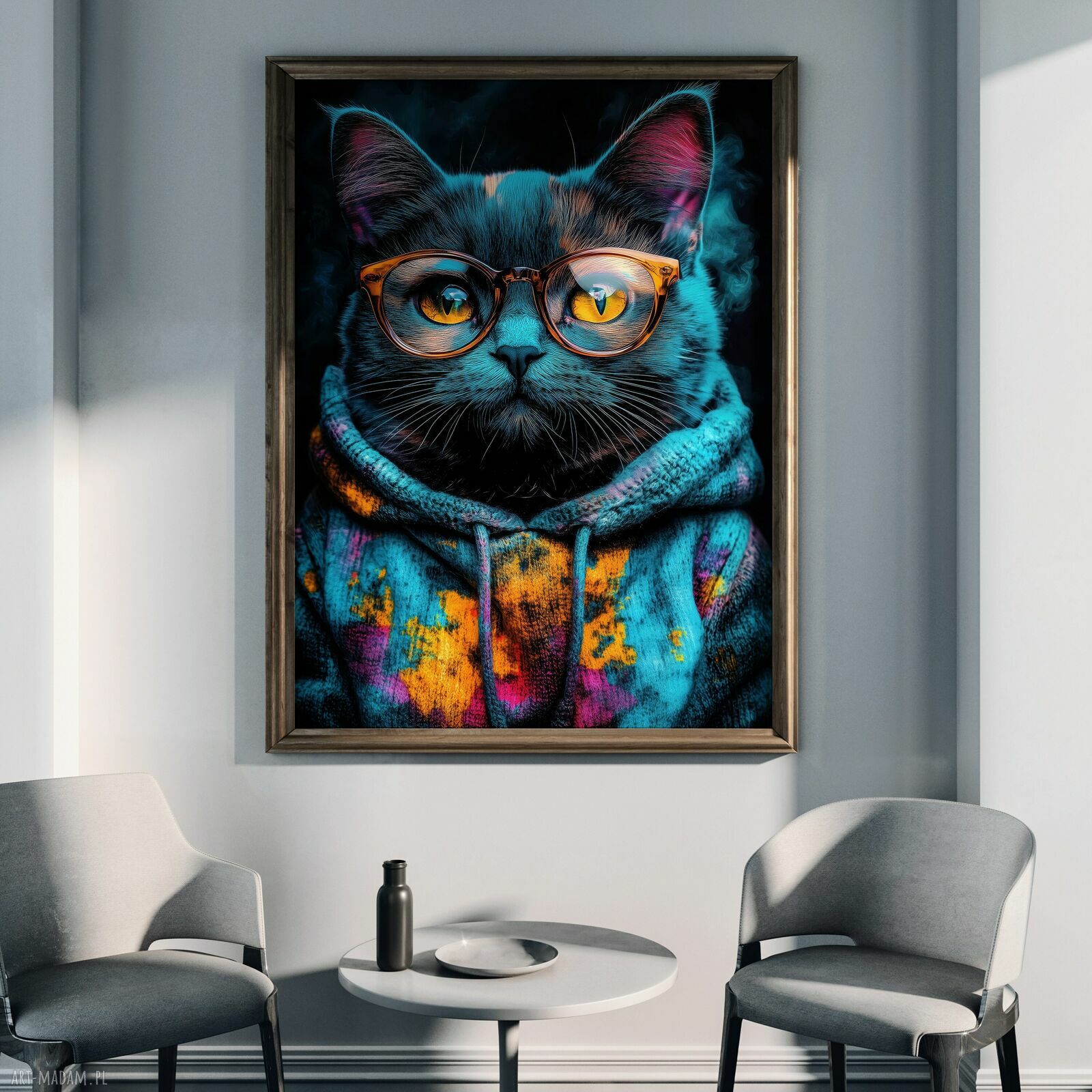 Hipsterski Kot Hubi na plakacie A3 - oryginalna kocia grafika