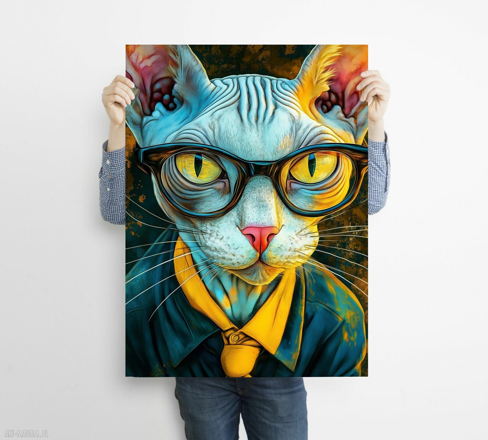 Hipsterski Kot Gustaw - grafika na plakacie A3 dla kociarzy
