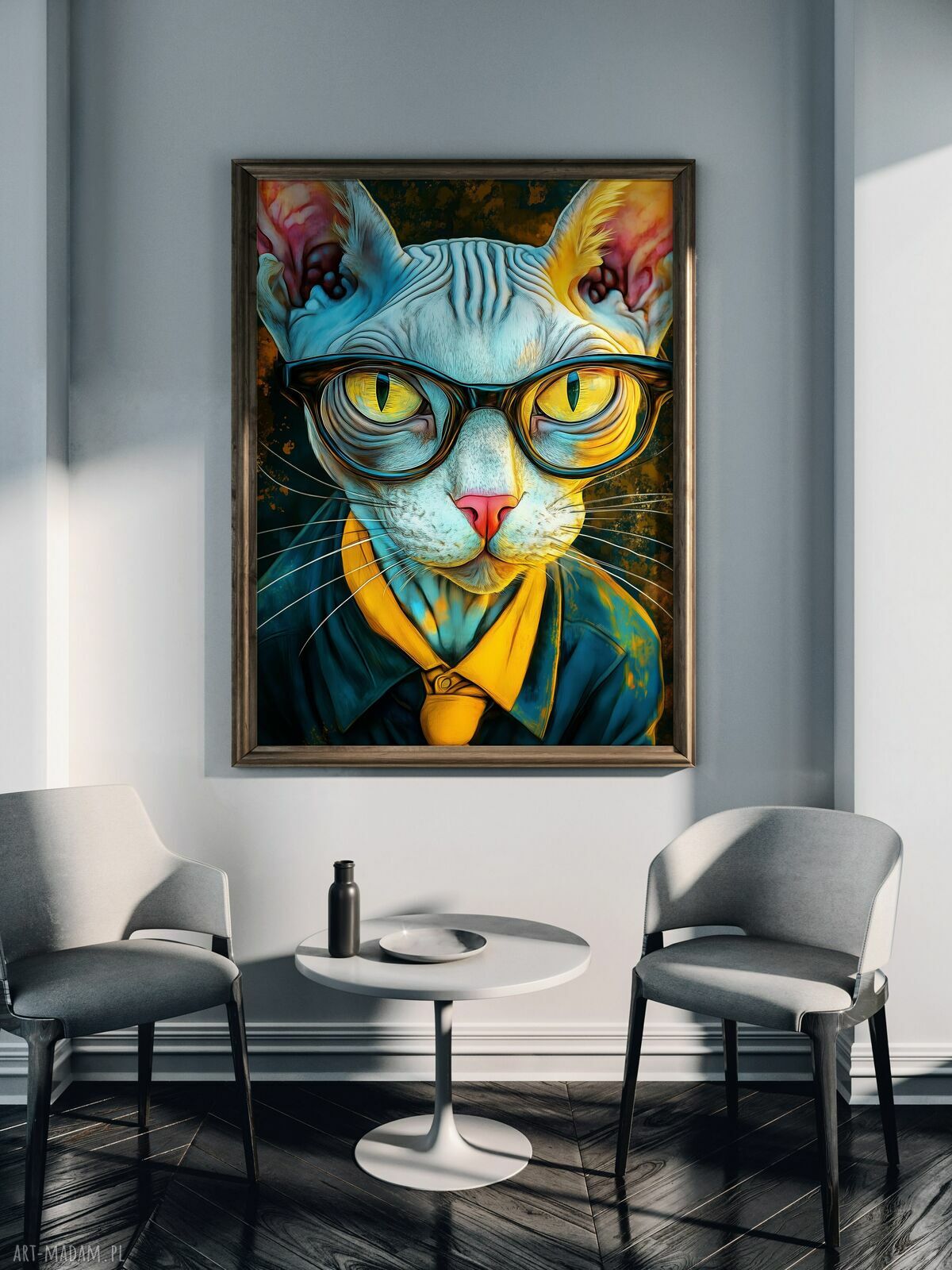 Hipsterski Kot Gustaw - grafika na plakacie A3 dla kociarzy