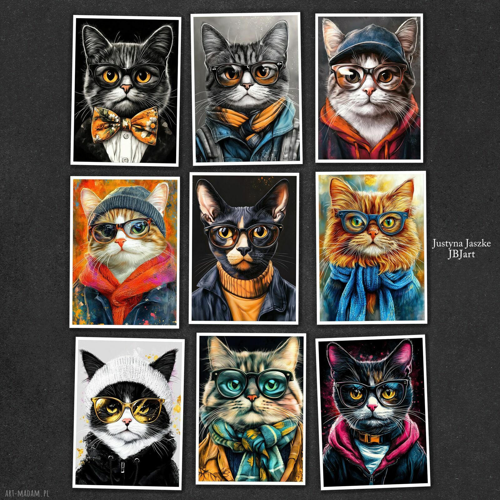 Hipsterskie koty - zestaw 9 grafik 13x18 cm plus 1 gratis