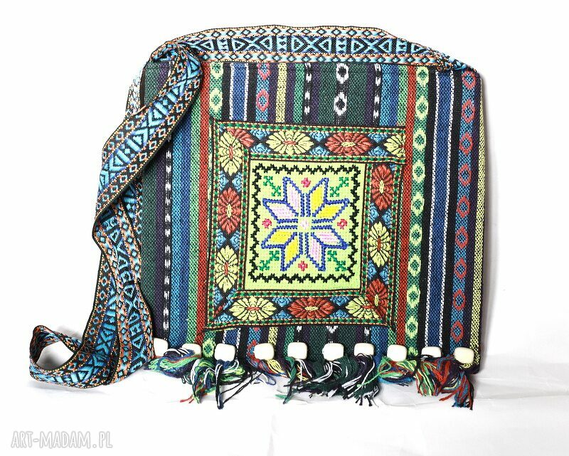 Kolorowa torebka na ramię z haftem Hmong - handmade 30x20 cm