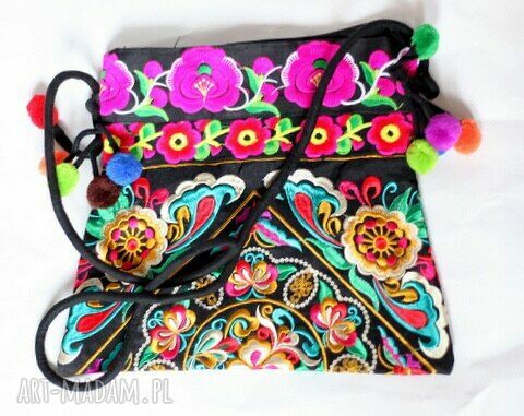 Torba na ramię Hmong - dynamicznie kolorowa, haftowana handmade z zamkiem