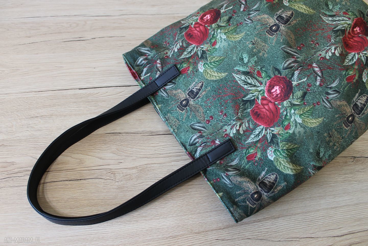 Worek Hobo z Pszczołami na Zielonym Tle - Torebka na Ramię Handmade