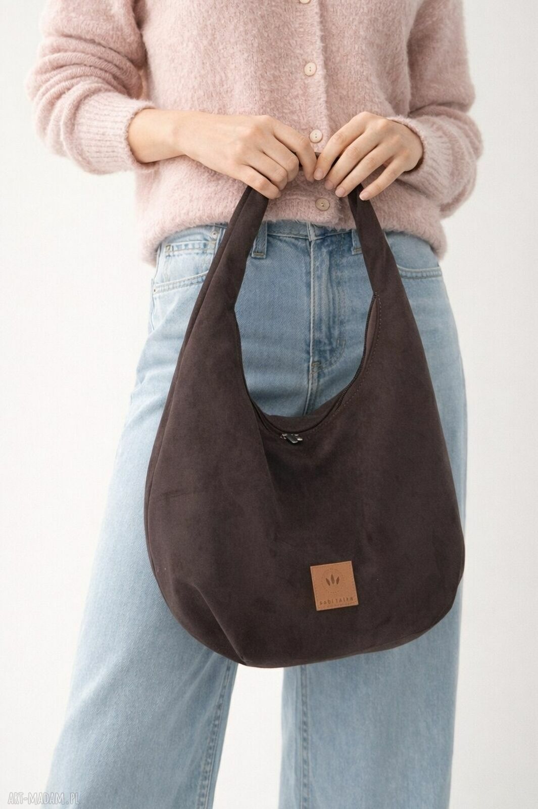Torebka Hobo z zamszu tapicerskiego Czekoladowa na ramię - handmade
