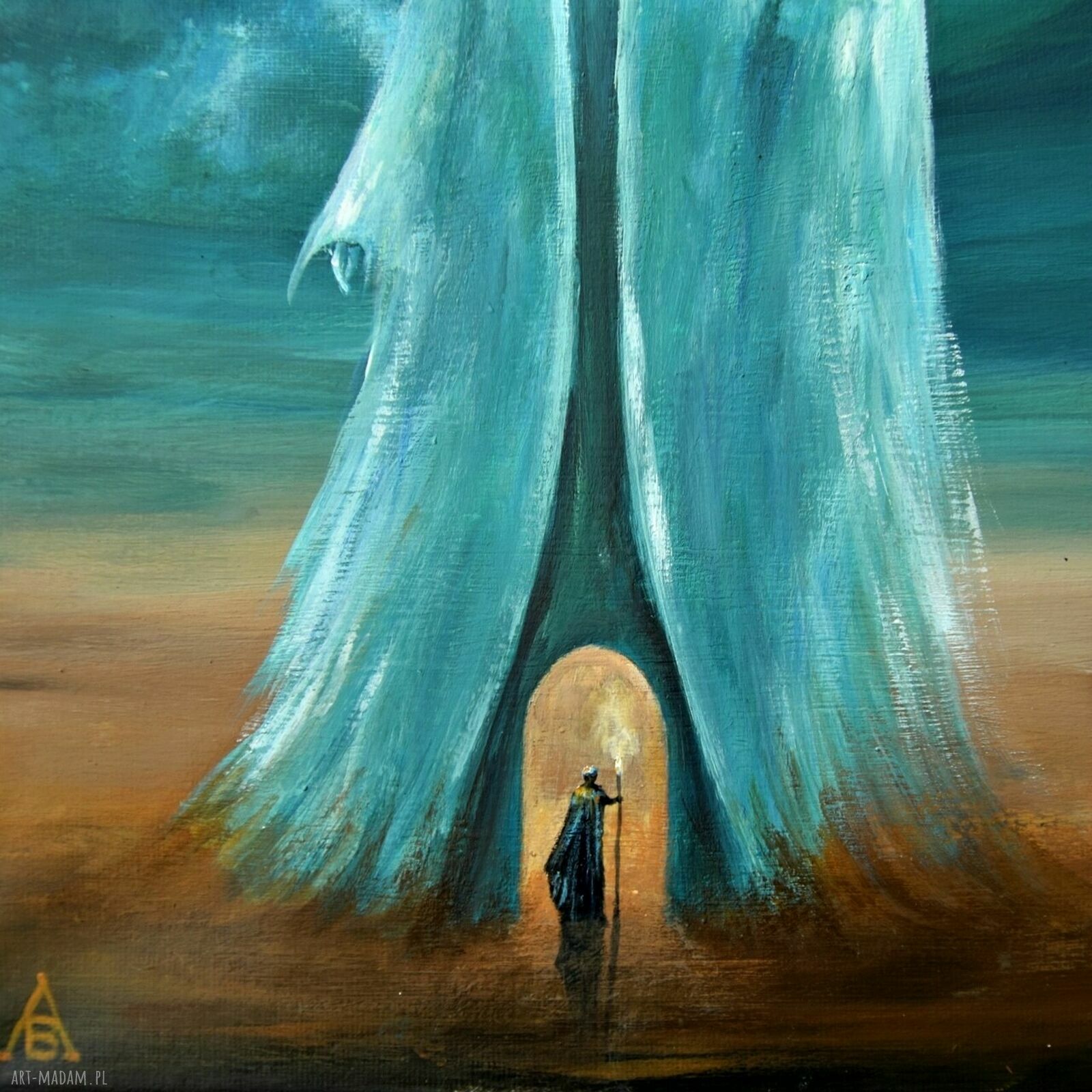 Hold my world - surrealizm i realizm magiczny - ręcznie malowany obraz akrylowy 24x30 cm