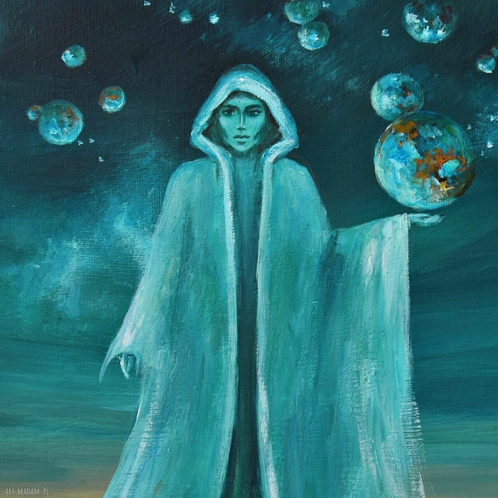 Hold my world - surrealizm i realizm magiczny - ręcznie malowany obraz akrylowy 24x30 cm