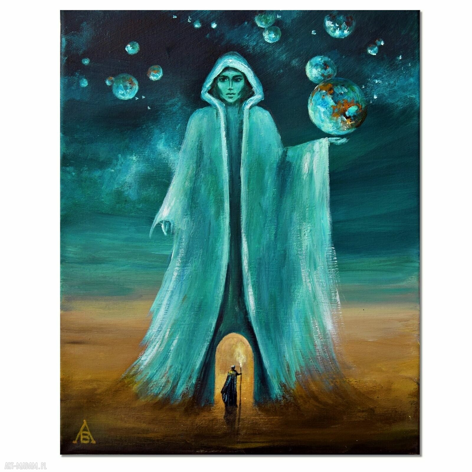 Hold my world - surrealizm i realizm magiczny - ręcznie malowany obraz akrylowy 24x30 cm