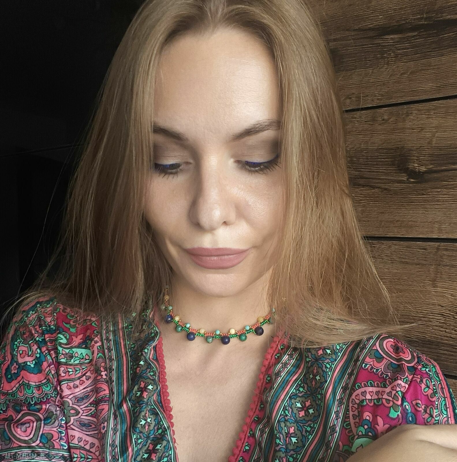Pleciony choker Holi Sunset z turkusem, lapisem lazuli i turmalinem