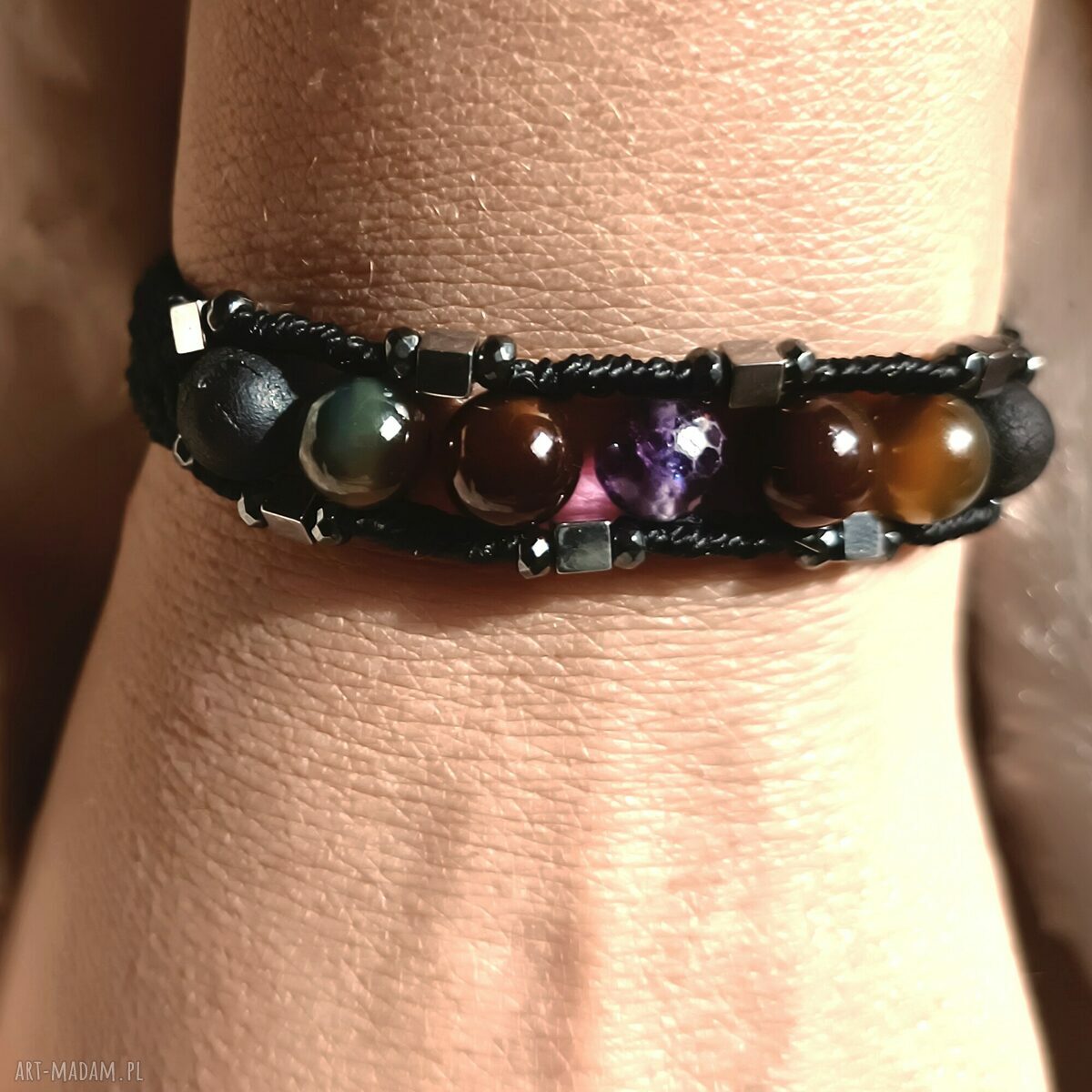 Horologium 8 - męska bransoletka pleciona z agatu, fluorytu i hematytu