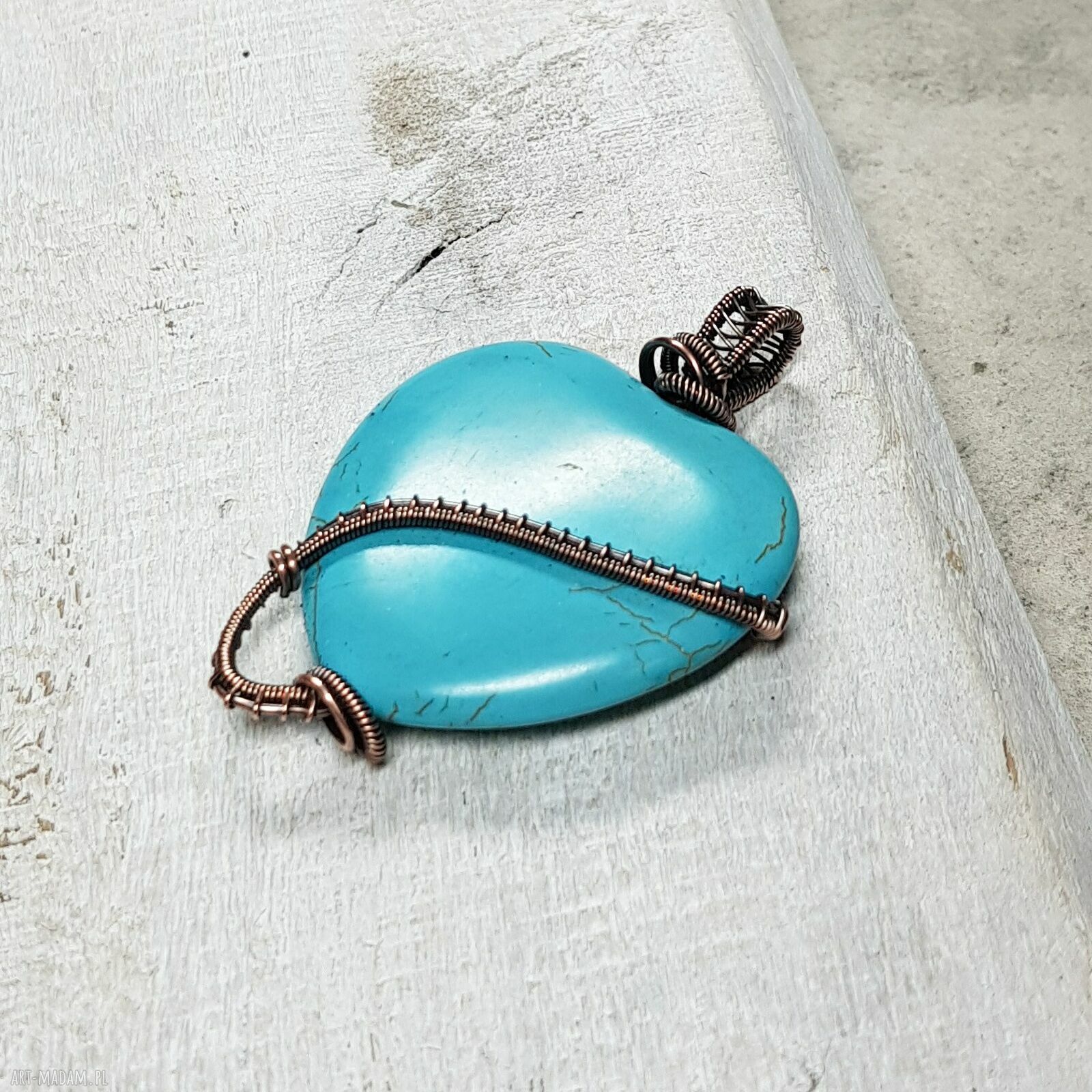 Howlit Serce M293 - turkusowy wisiorek wire wrapping z miedzi