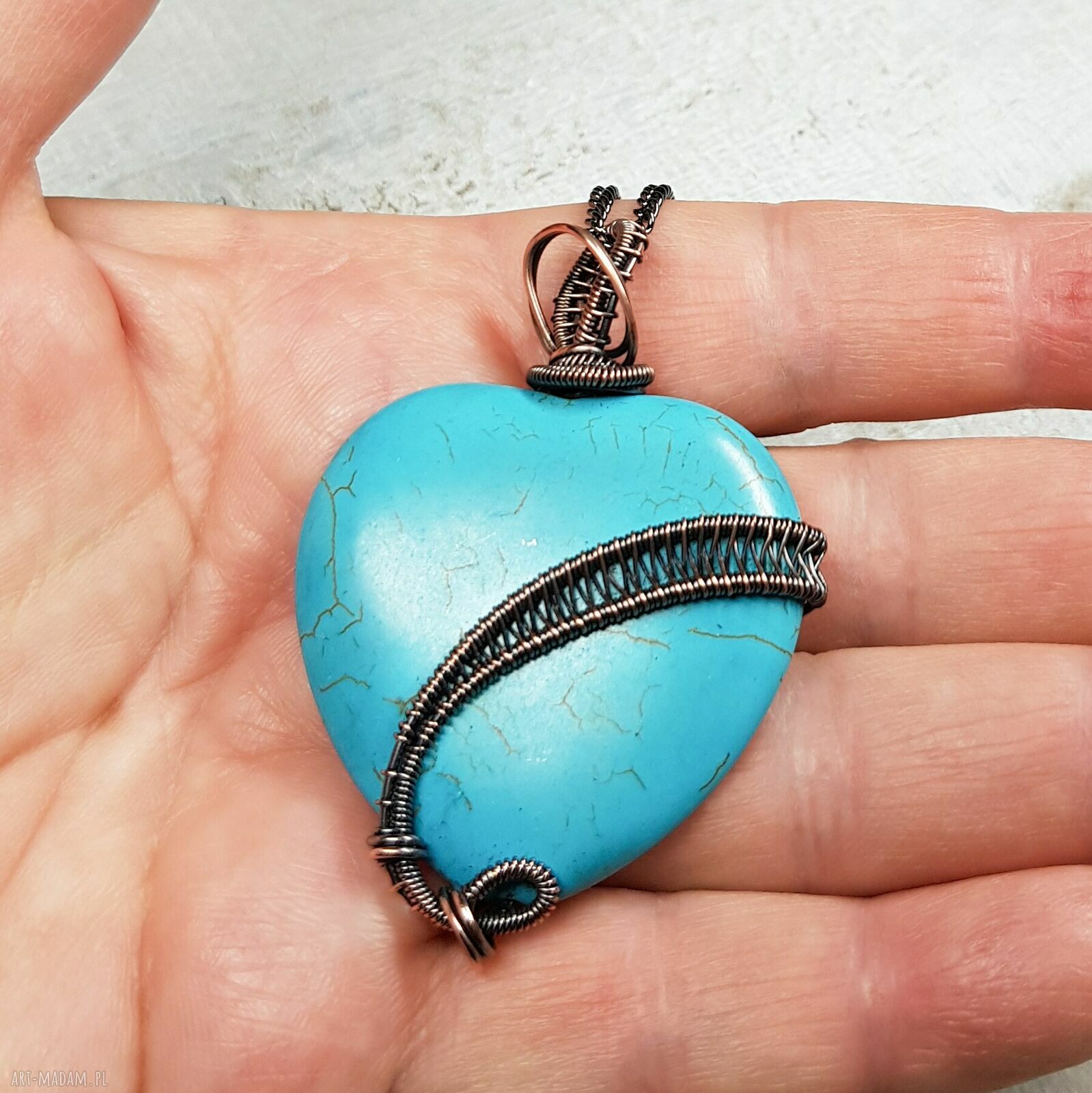 Naszyjnik Howlit Serce M292 - turkusowe serce w wire wrapping z miedzi