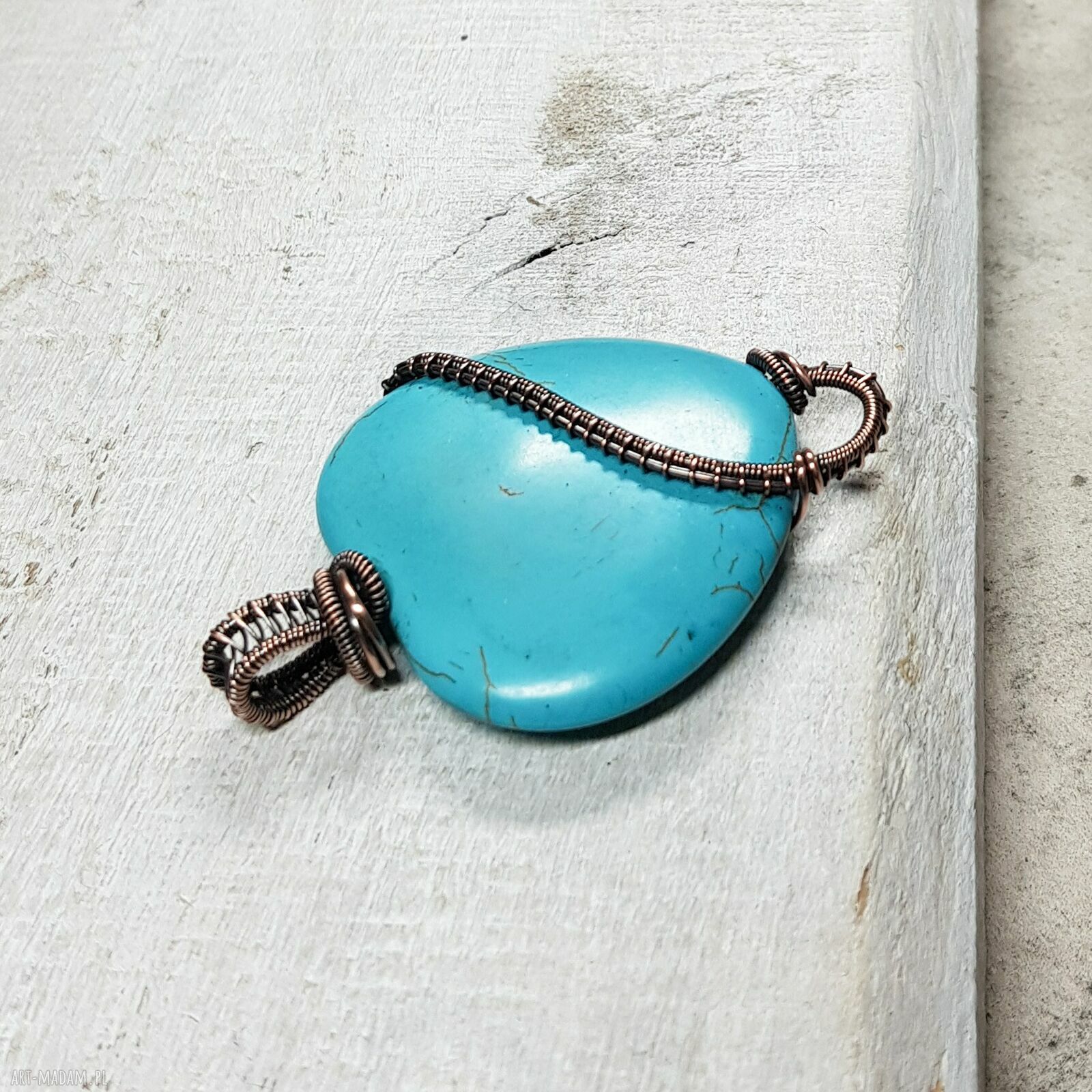 Howlit Serce M293 - turkusowy wisiorek wire wrapping z miedzi