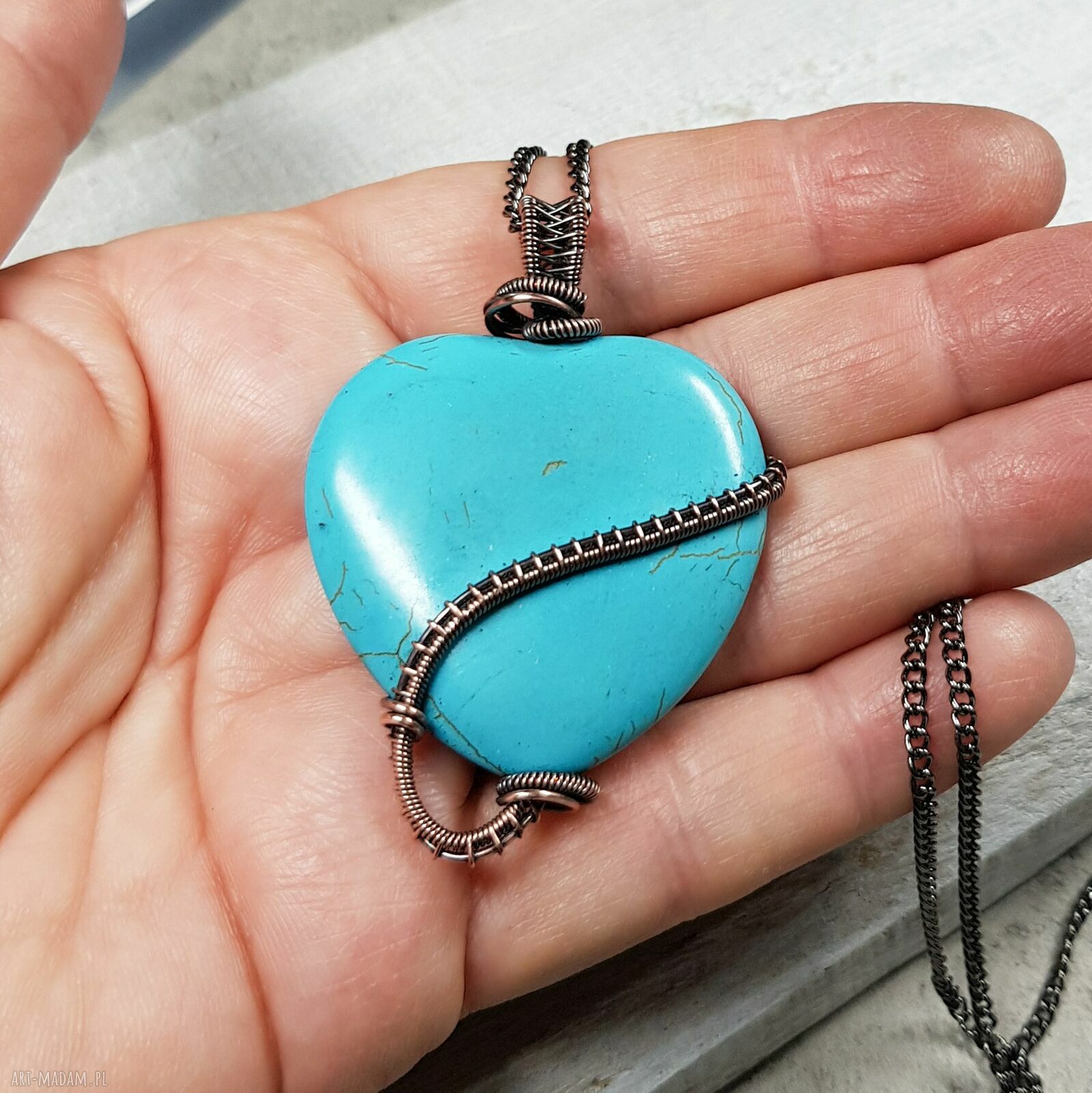 Howlit Serce M293 - turkusowy wisiorek wire wrapping z miedzi