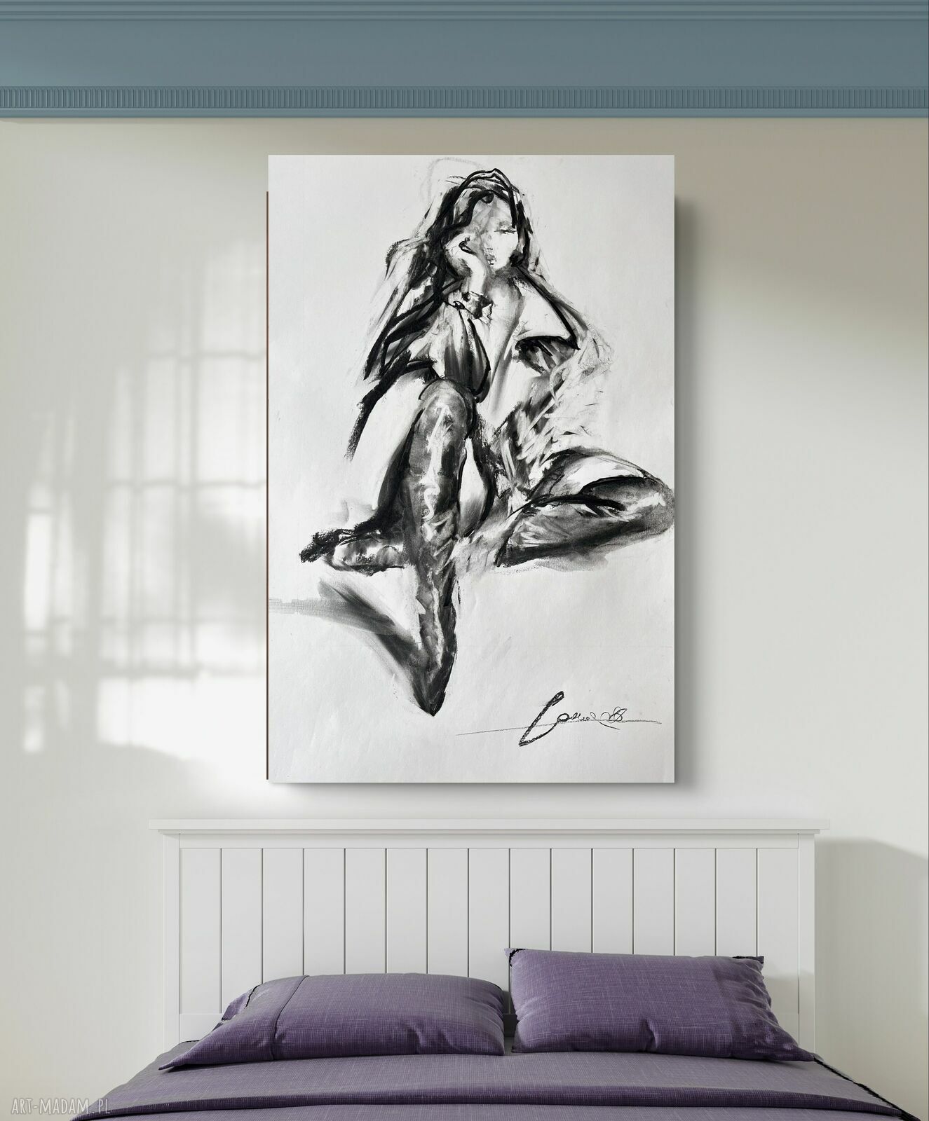 Czarno-biała grafika „I Love Boots” - rysunek węglem 60x90 cm do sypialni