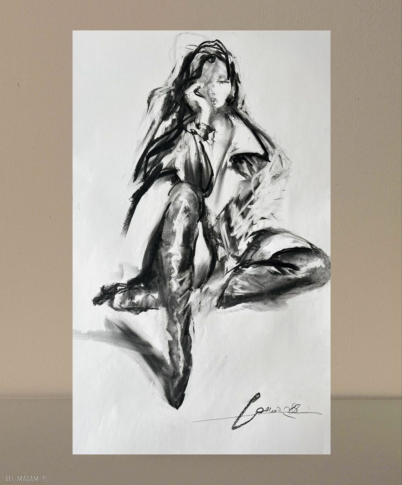 Czarno-biała grafika „I Love Boots” - rysunek węglem 60x90 cm do sypialni