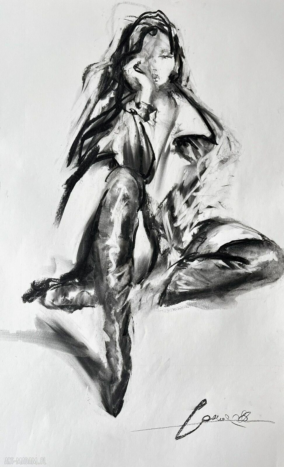 Czarno-biała grafika „I Love Boots” - rysunek węglem 60x90 cm do sypialni