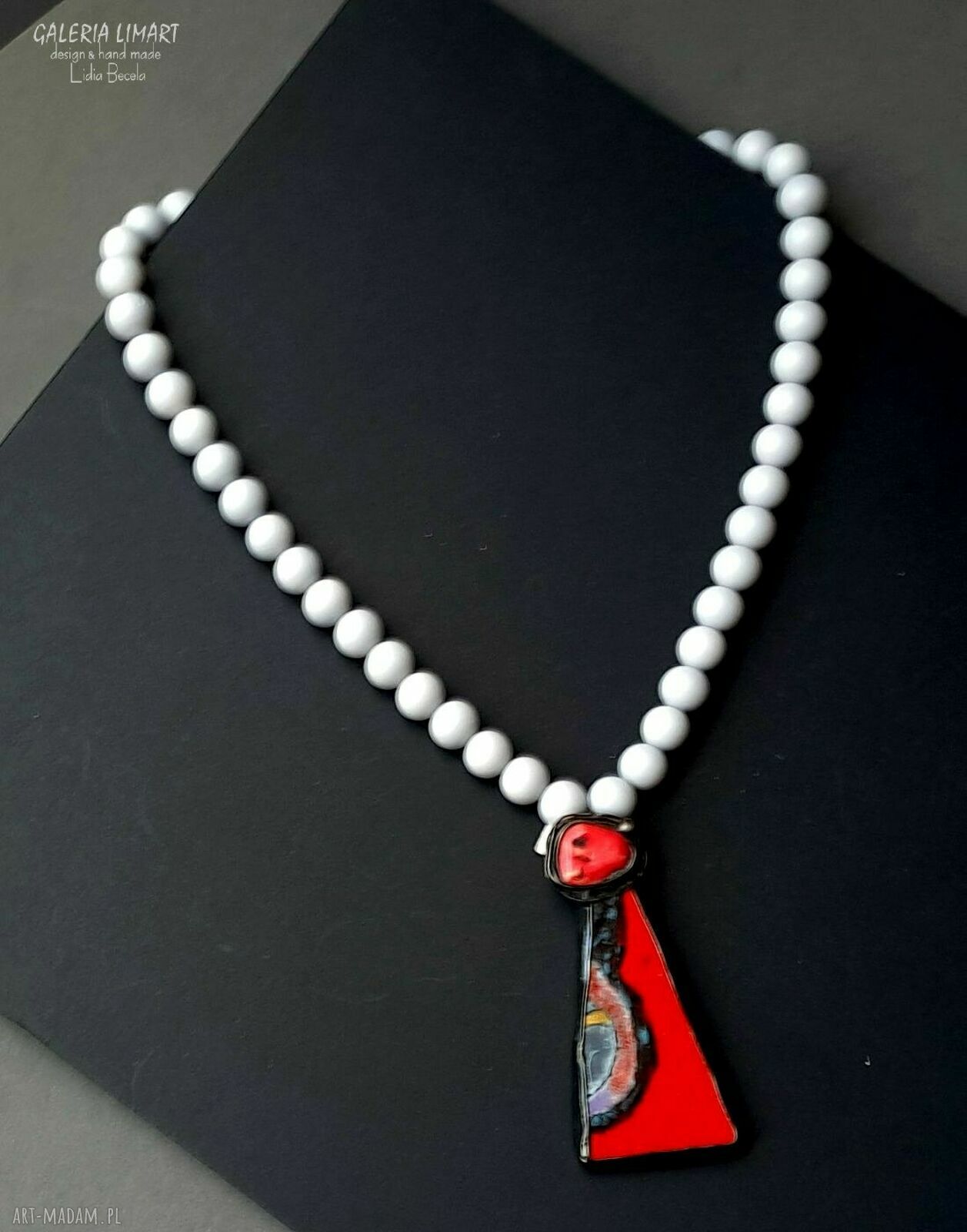 Naszyjnik handmade z koralem i ręcznie malowaną ceramiką Tiffany - prezent dla niej