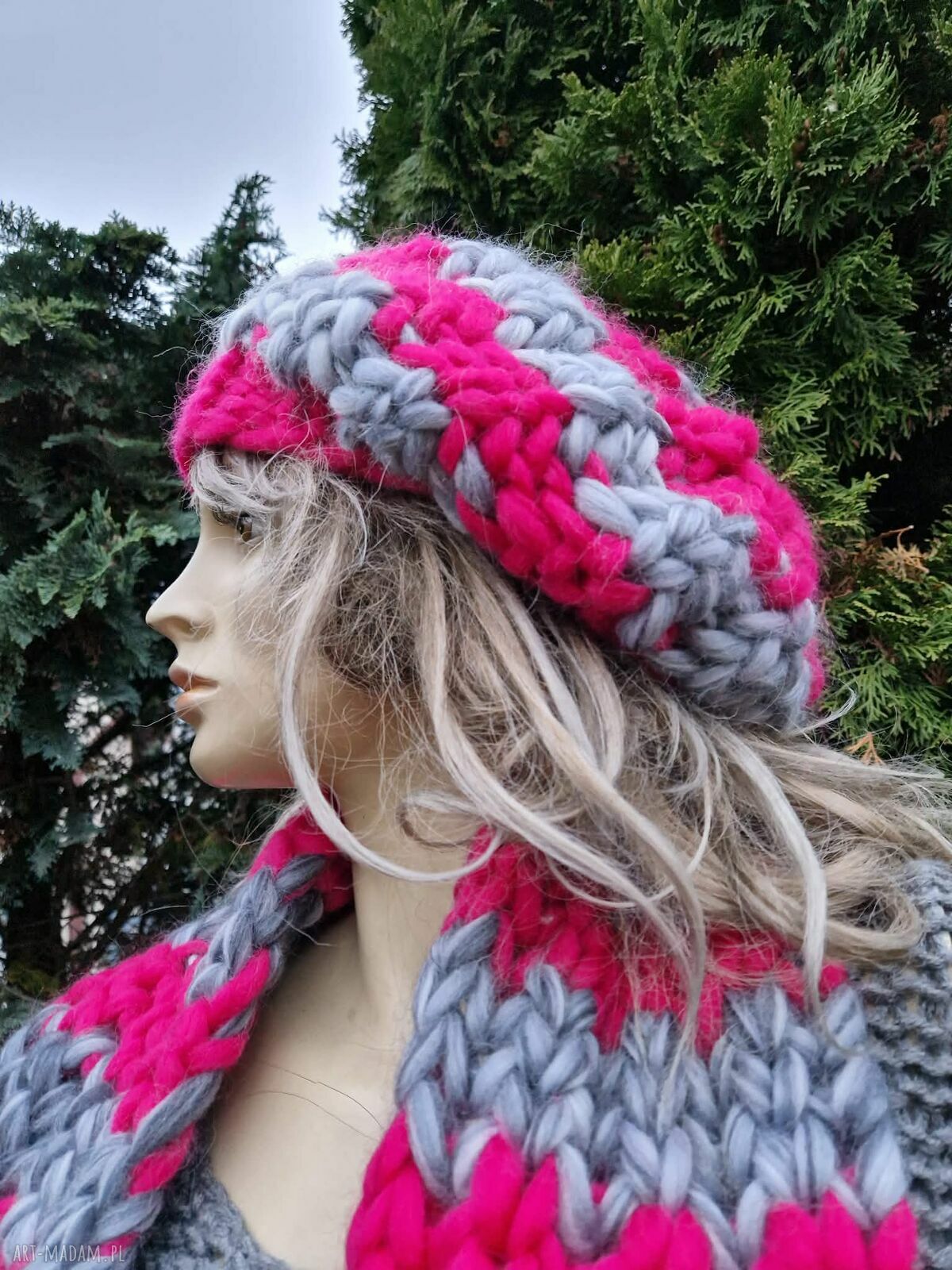 Wełniany komplet zimowy: beret i szalik super chunky z merynosa