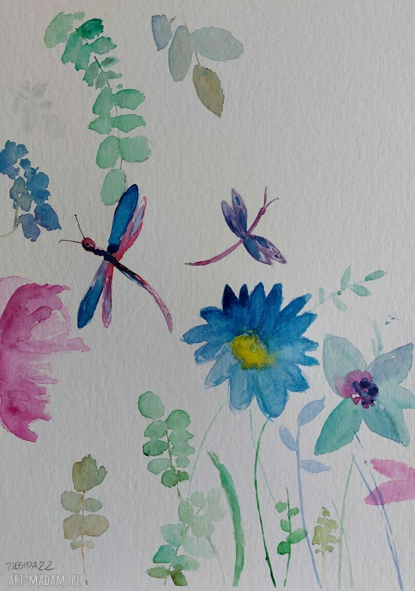 Kwiaty i Ważki - akwarela formatu 24/32 cm