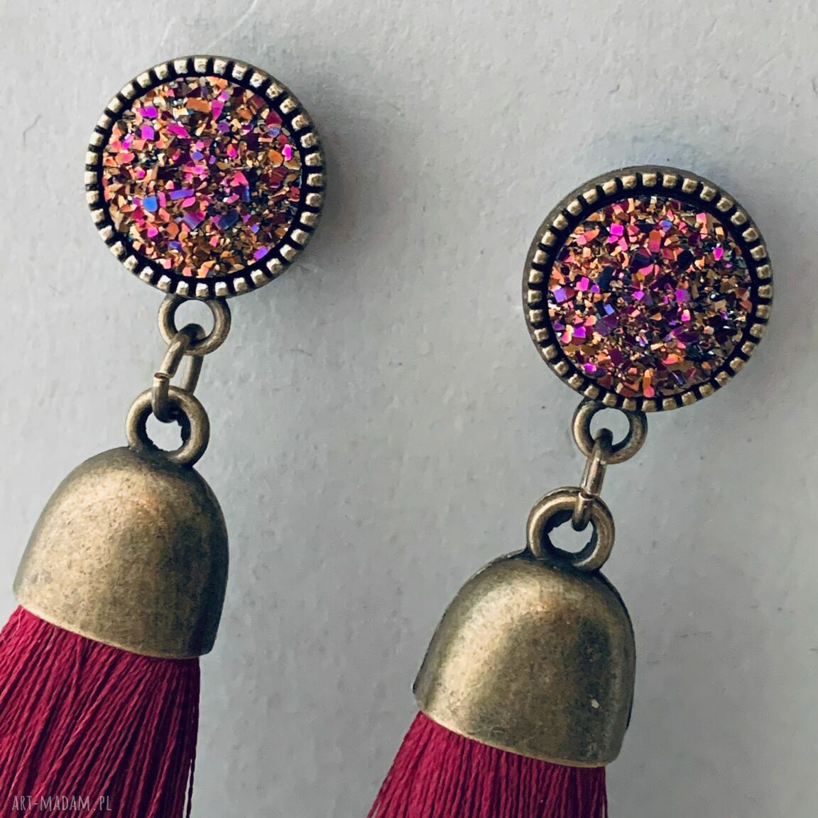 Klipsy Ida z chwostami bordo - boho handmade