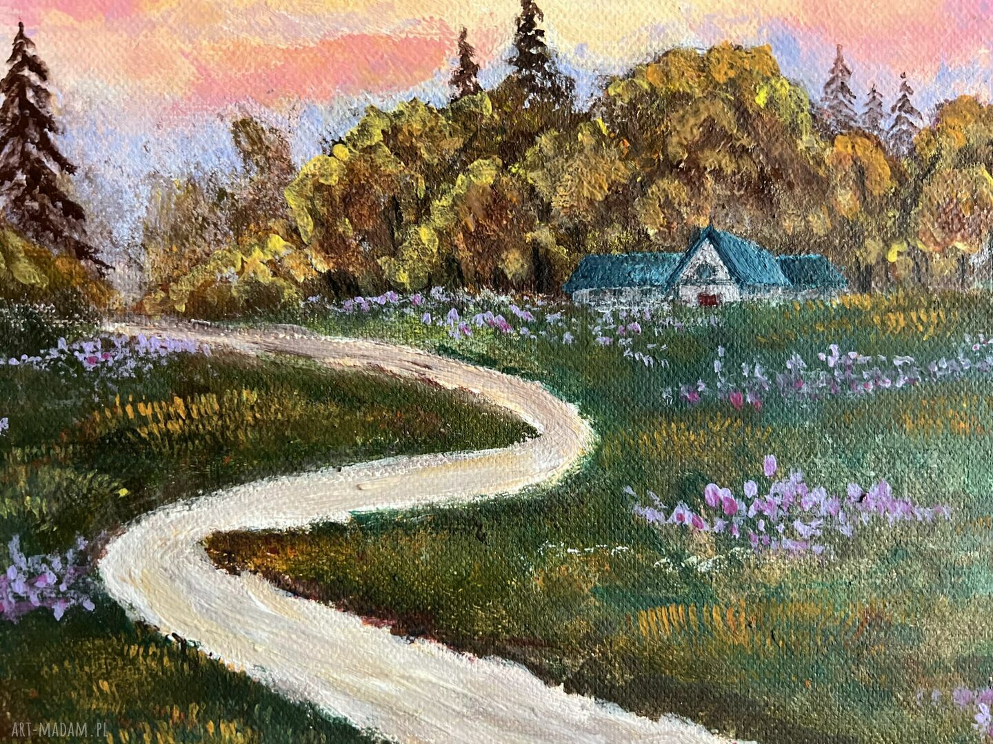 Idzie Jesień II - jesienny pejzaż z wrzosowiskiem (obraz ręcznie malowany akryl 41x33)