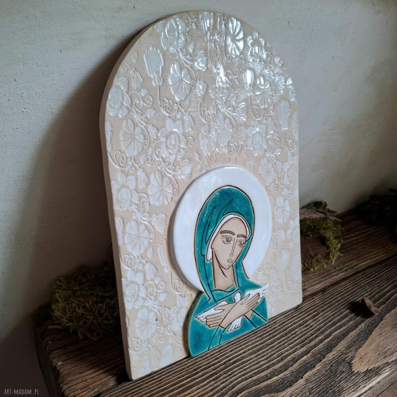 Ikona ceramiczna Matka Boża niosąca Ducha Świętego (Pneumatofora) - ręcznie rzeźbiona