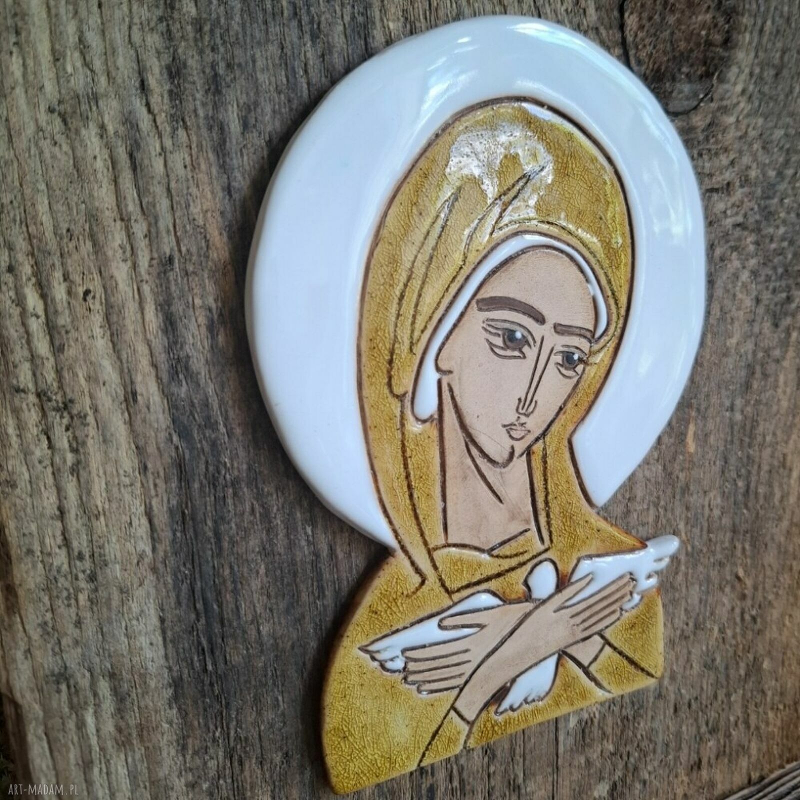 Ikona ceramiczna Matki Bożej Pneumatofora na starym drewnie