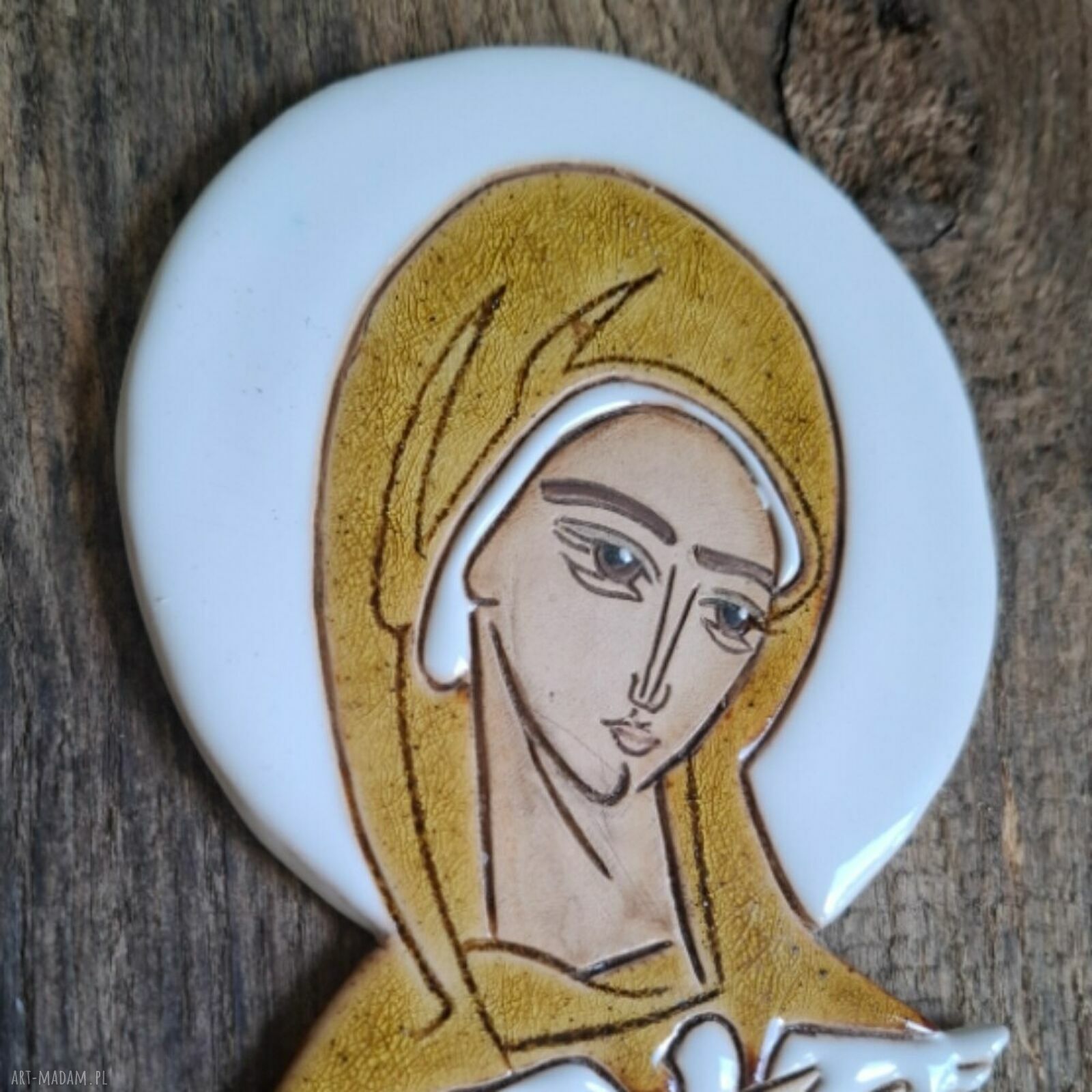 Ikona ceramiczna Matki Bożej Pneumatofora na starym drewnie