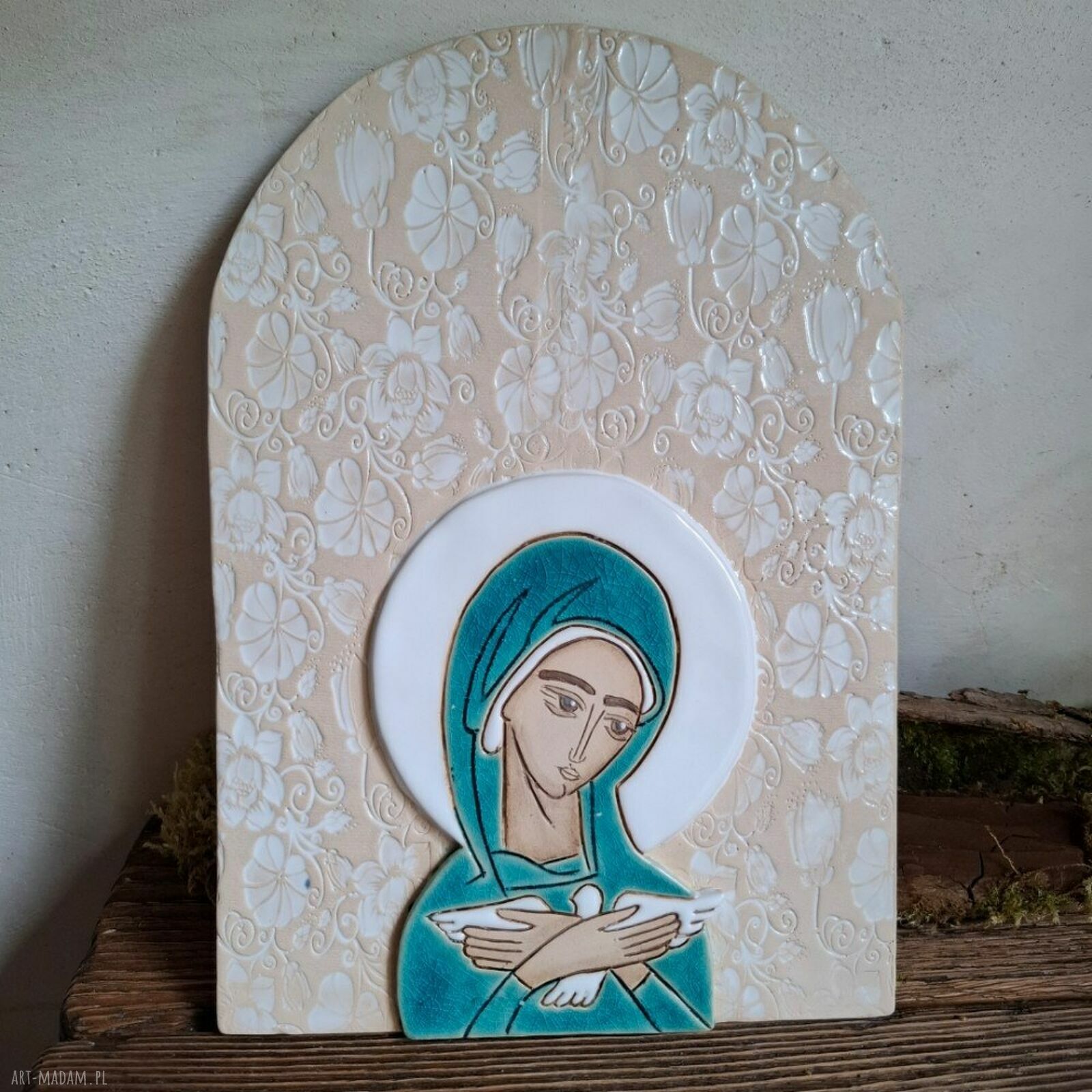 Ikona ceramiczna Matka Boża niosąca Ducha Świętego Pneumatofora - ręcznie rzeźbiona