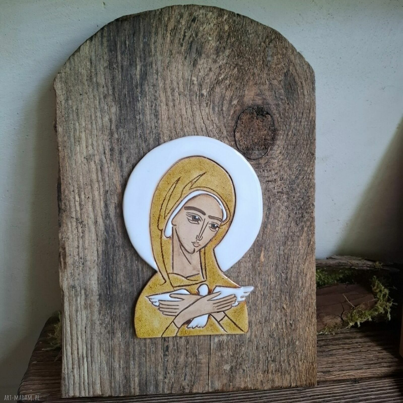 Ikona ceramiczna Matki Bożej Pneumatofora na starym drewnie