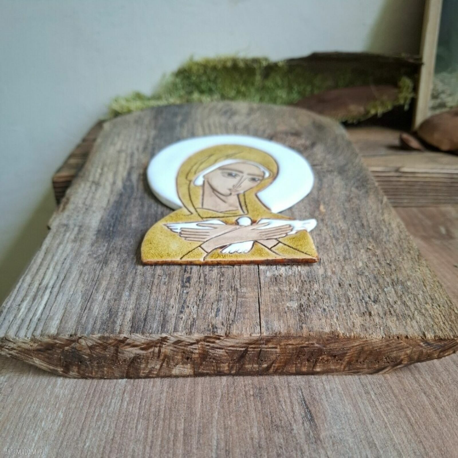 Ikona ceramiczna Matki Bożej Pneumatofora na starym drewnie
