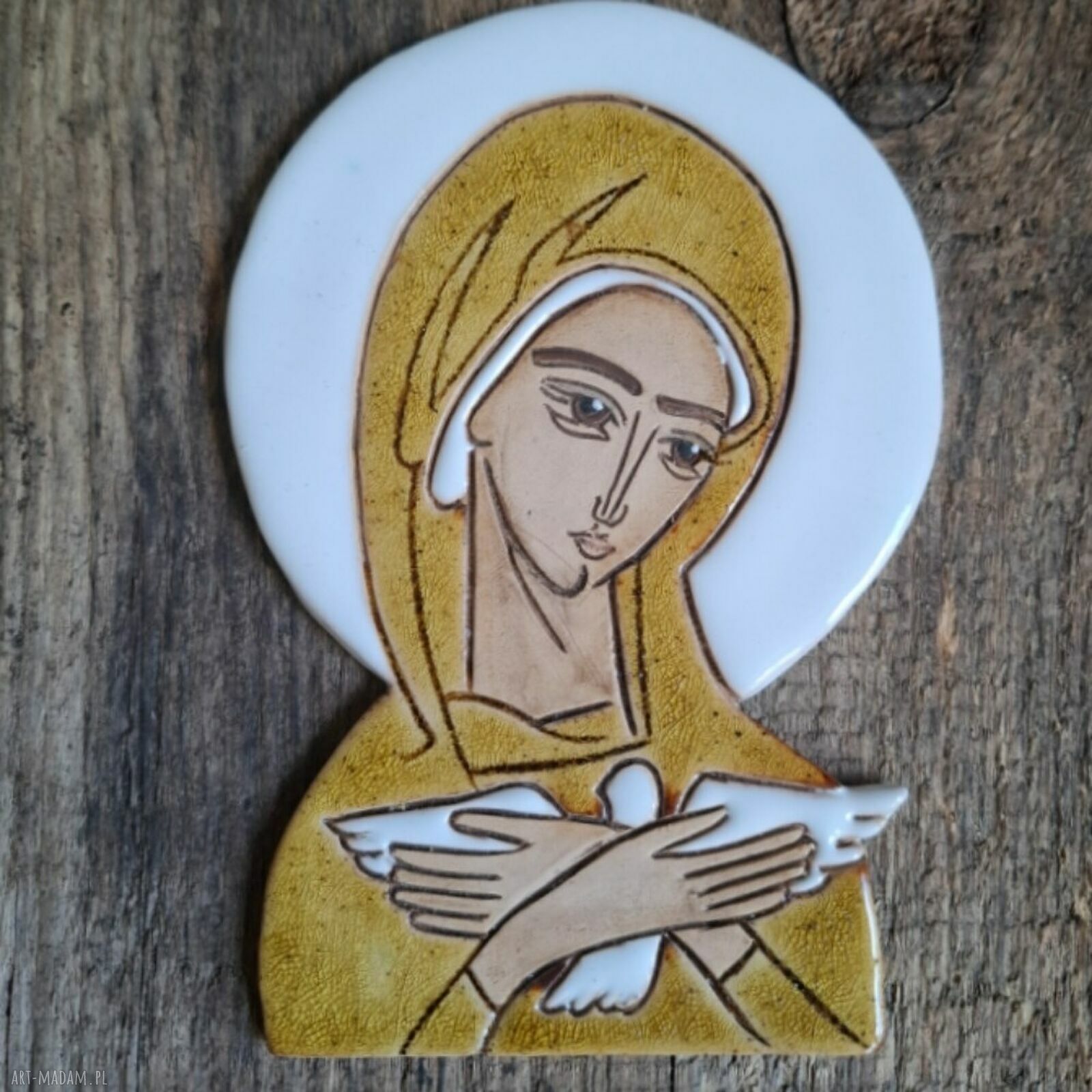 Ikona ceramiczna Matki Bożej Pneumatofora na starym drewnie