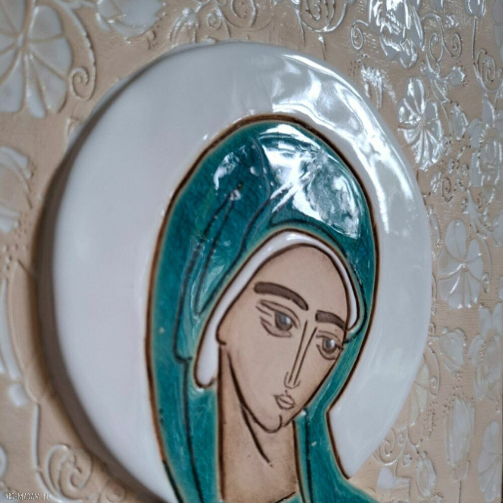 Ikona ceramiczna Matka Boża niosąca Ducha Świętego (Pneumatofora) - ręcznie rzeźbiona
