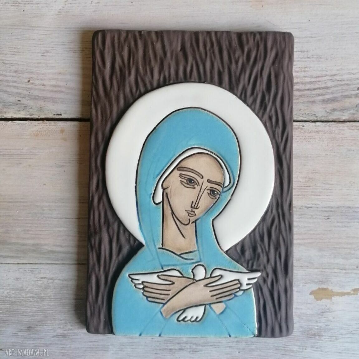 Ikona ceramiczna Maryi Pneumatofora - ręcznie rzeźbiona