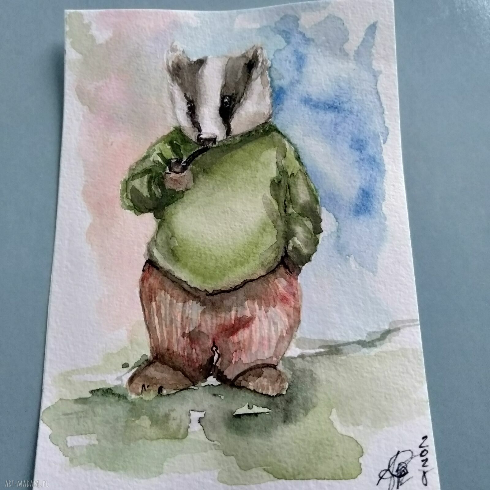 Borsuk - ilustracja bajkowa jesienna w akwareli