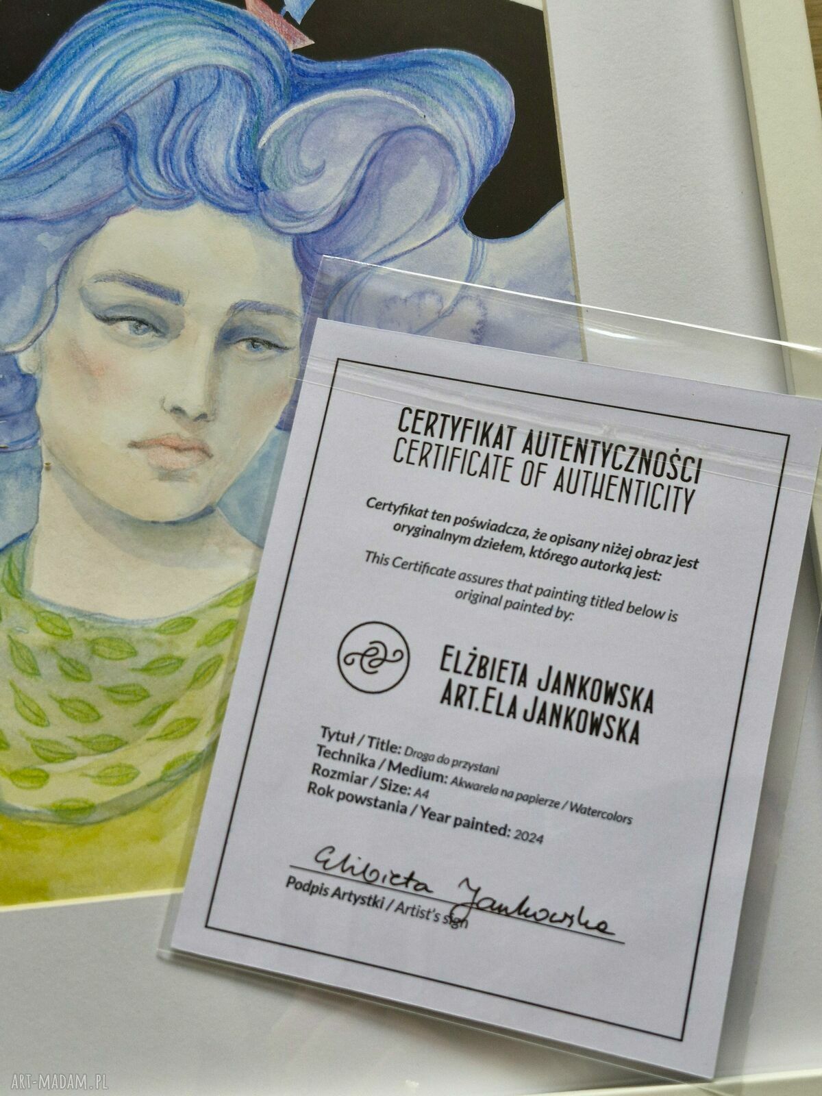 Ilustracja „Droga do przystani” z portretem pięknej kobiety - akwarela w ramce