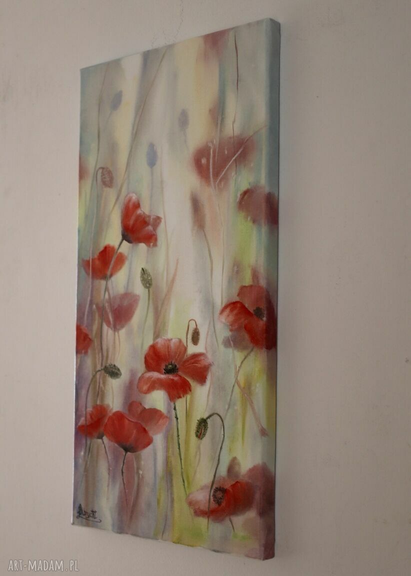 Maki Impresja - ręcznie malowany obraz olejny na płótnie 60x30 cm
