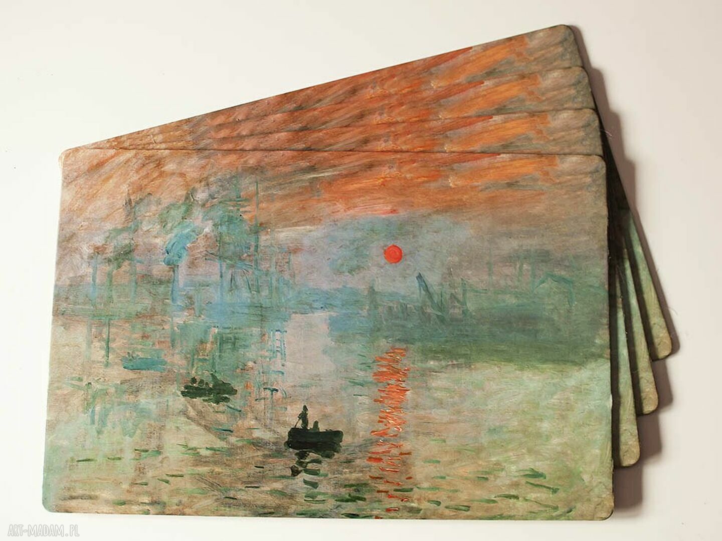 Komplet 4 dużych podkładek korkowych Monet „Impresja - wschód słońca”