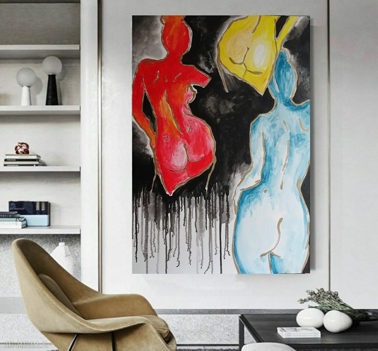 Duży obraz do salonu z aktem kobiecym ręcznie malowany akryl 100x70 cm
