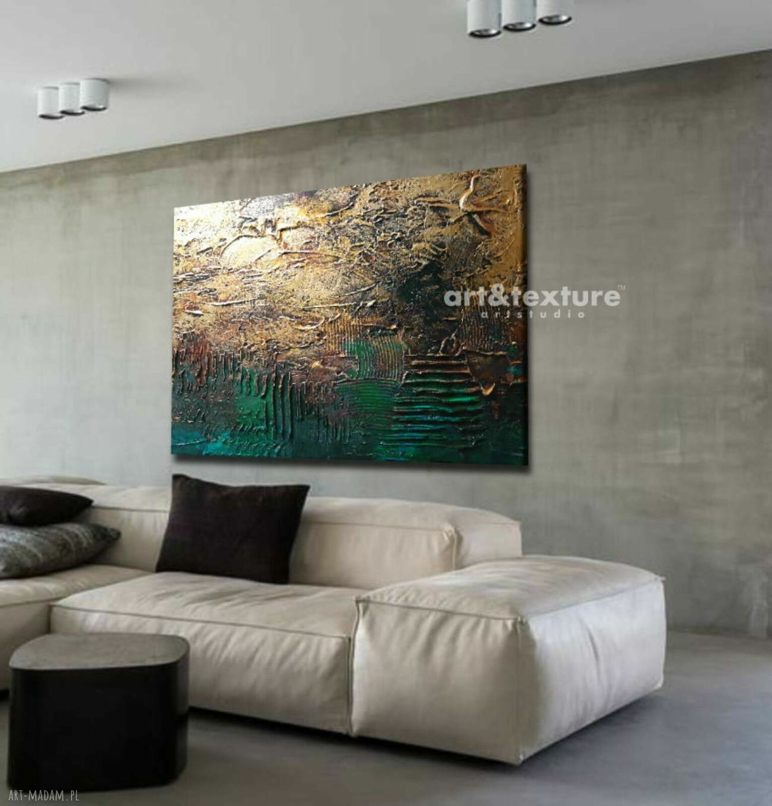 Industrialna abstrakcja butelkowa zieleń i złoto - obraz strukturalny 80x120 cm