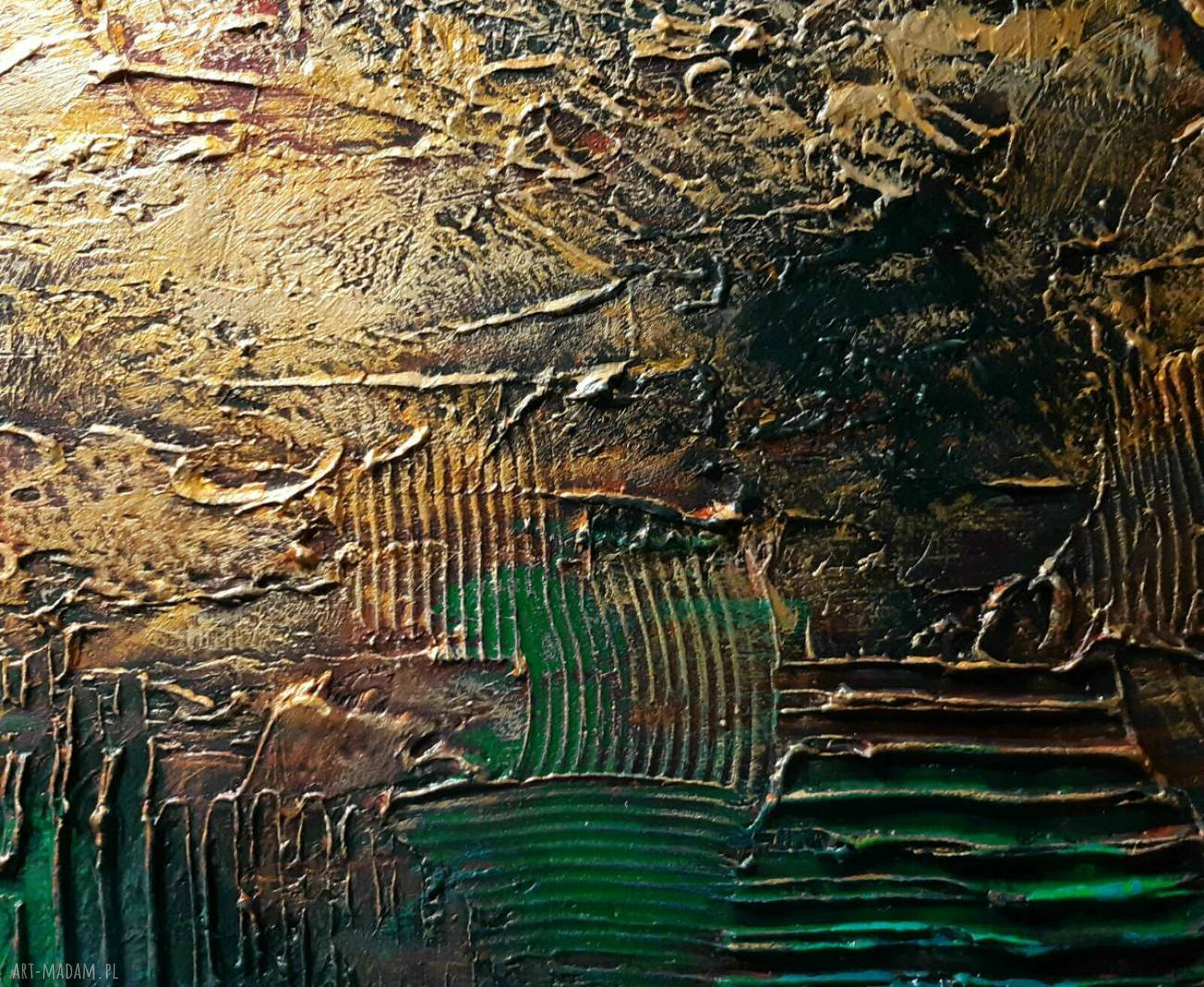 Industrialna abstrakcja butelkowa zieleń i złoto - obraz strukturalny 80x120 cm