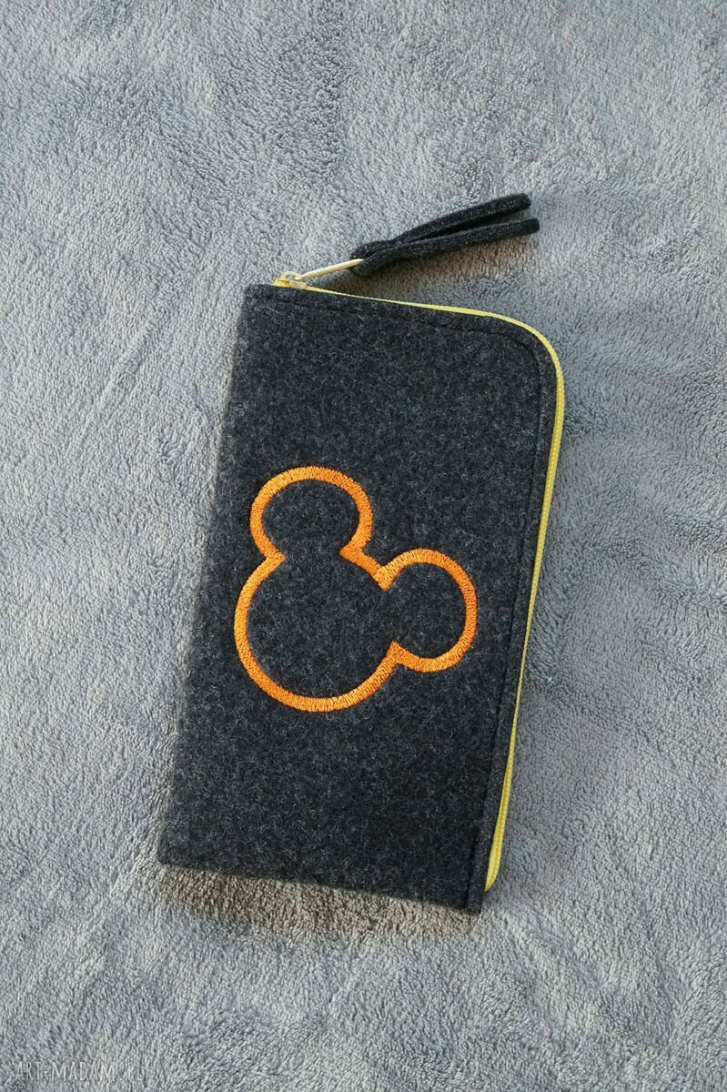 Etui na telefon Happy Art - grafitowy filc, bawełniana podszewka i haftowana myszka