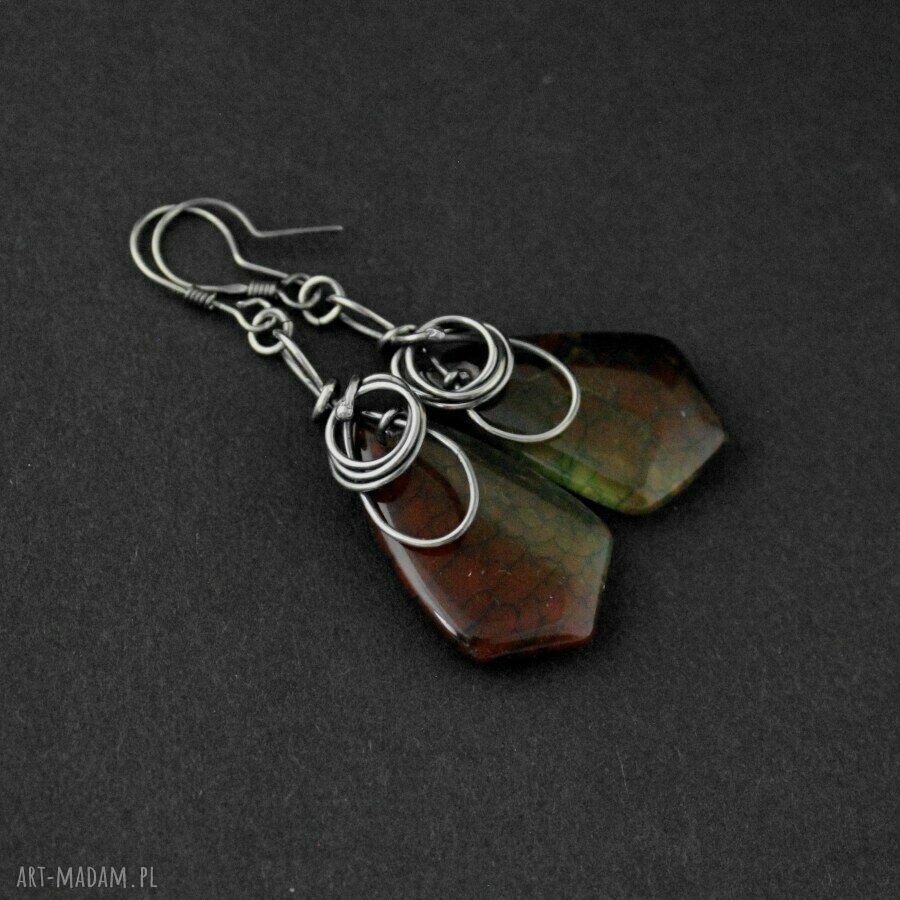 Długie kolczyki z agatów brązowo-zielone Irsana - wire-wrapping