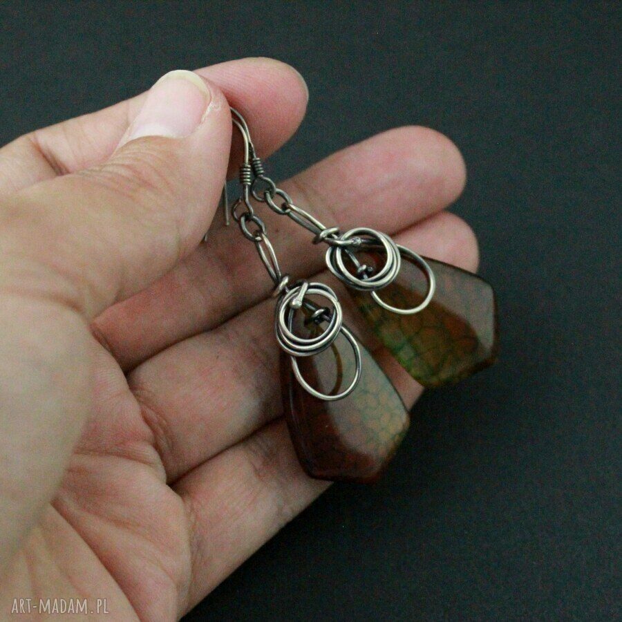 Długie kolczyki z agatów brązowo-zielone Irsana - wire-wrapping