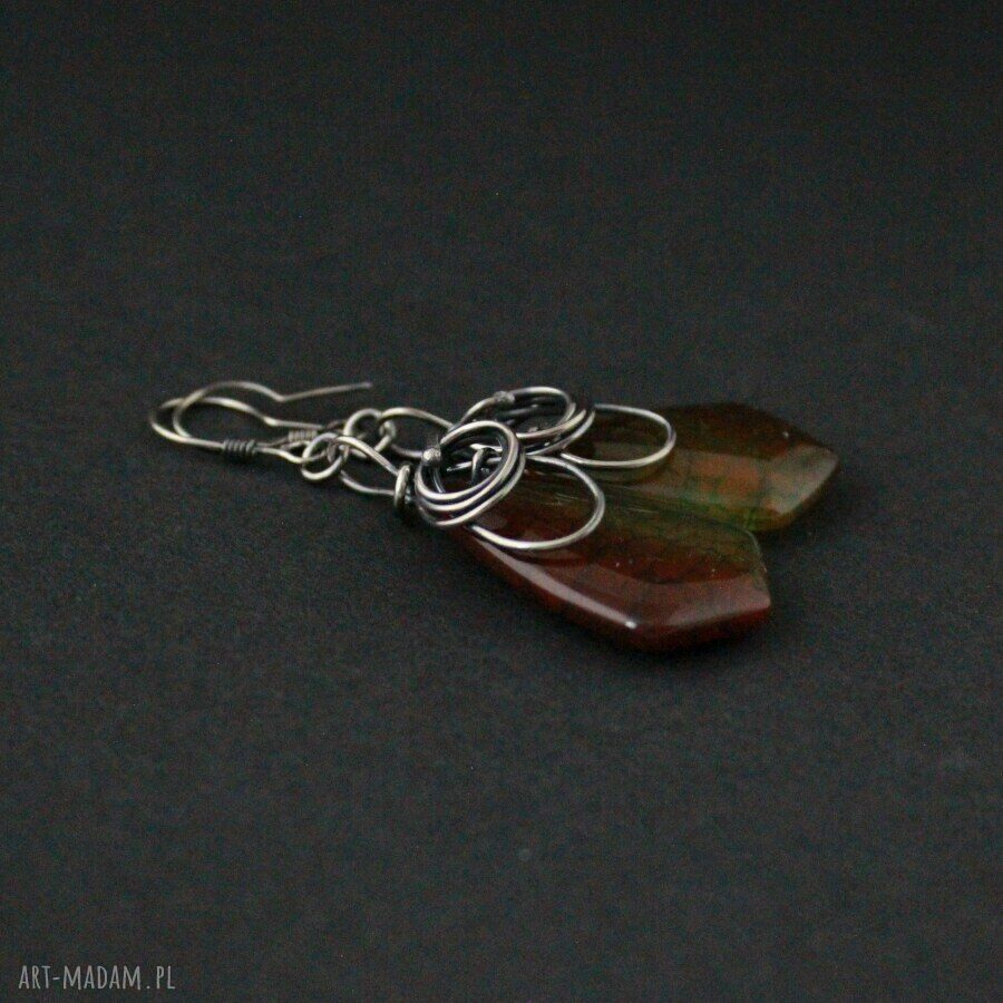 Długie kolczyki z agatów brązowo-zielone Irsana - wire-wrapping