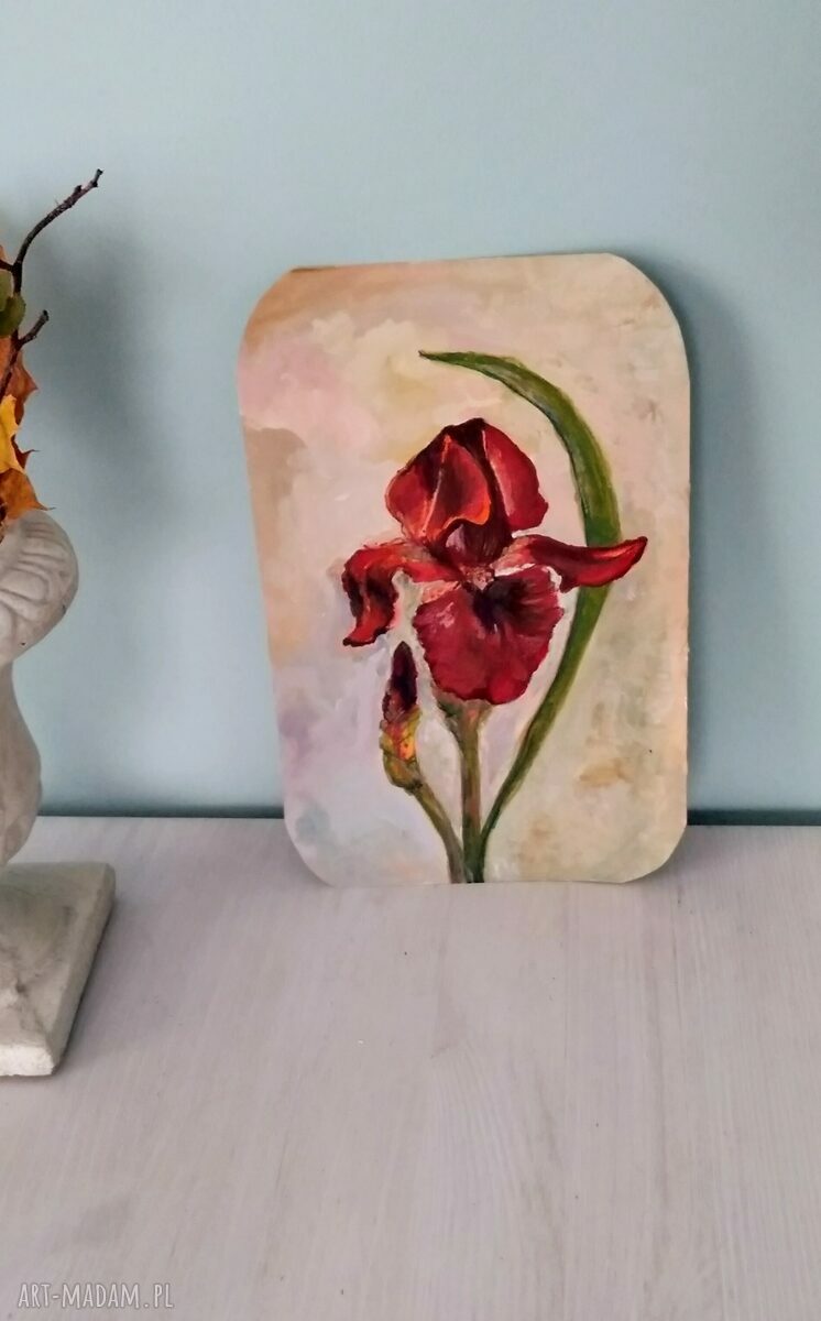Irys - obraz z kwiatowym motywem irysów malowany temperą (23x15 cm)
