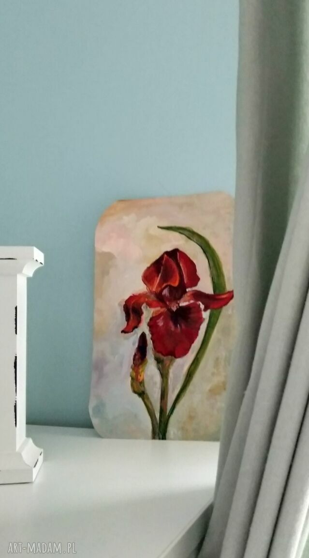 Irys - obraz z kwiatowym motywem irysów malowany temperą (23x15 cm)