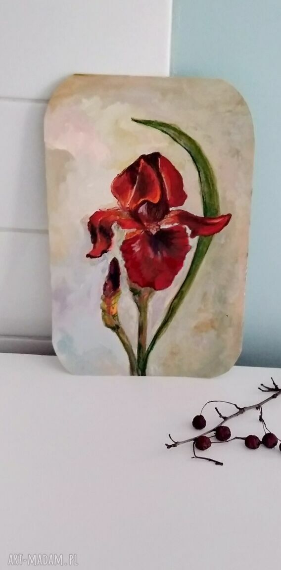 Irys - obraz z kwiatowym motywem irysów malowany temperą (23x15 cm)