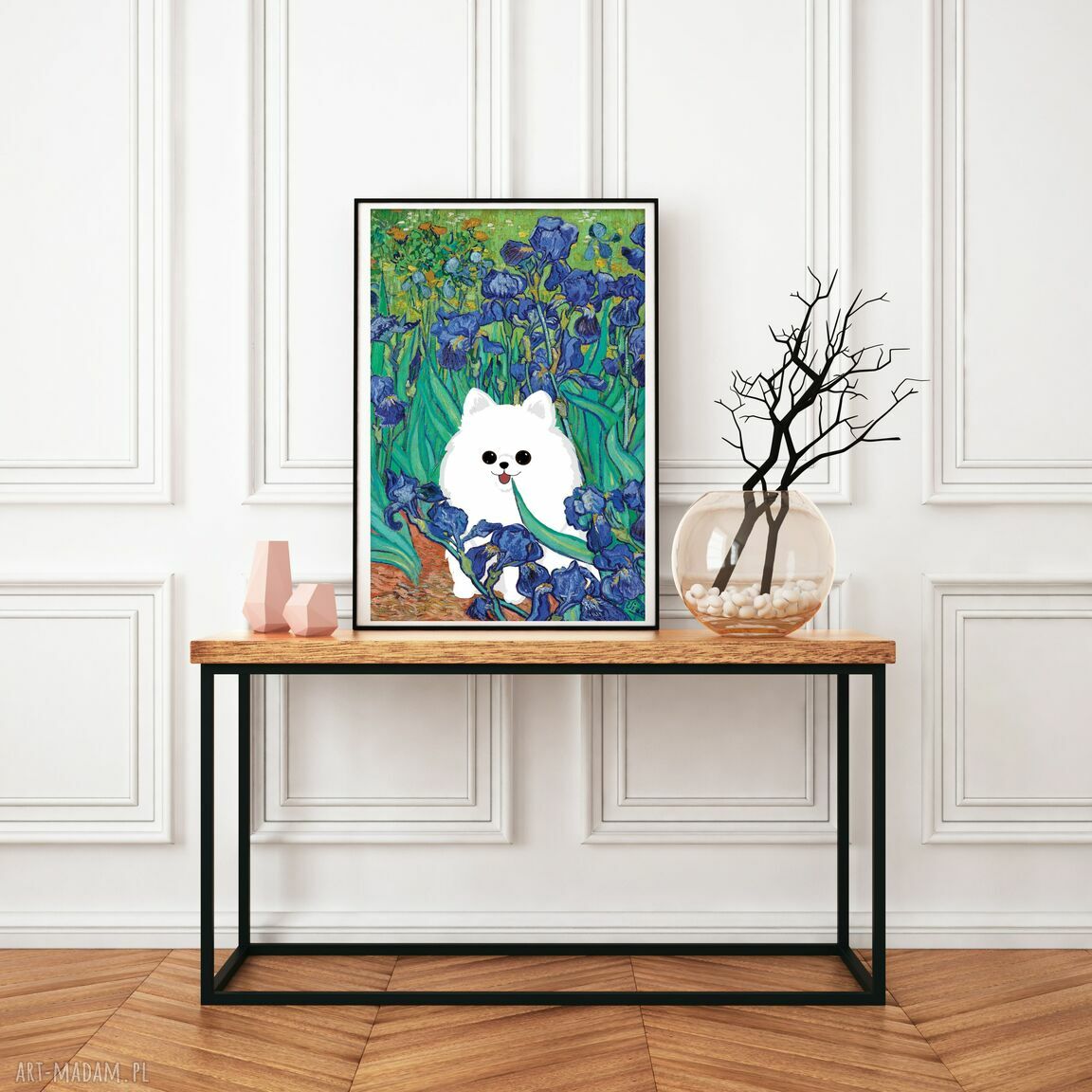 Plakat Irysy Van Gogha z białym Pomeranianem - prezent dla psiarzy 30x45 cm